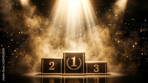 Gold podium with number one two and three on a dark background with bright glowing light rays and sparkles for a winning concept
