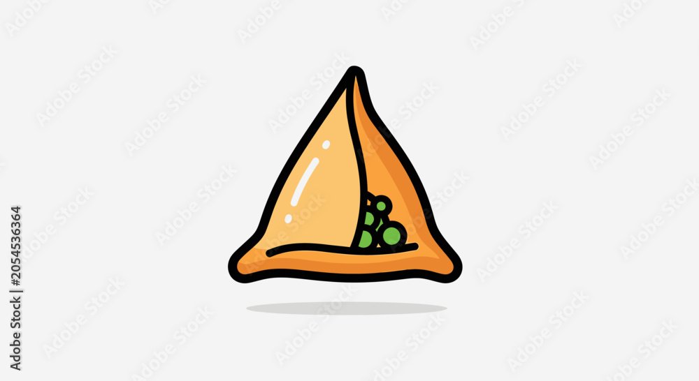 Fototapeta premium A golden, triangular pastry with a green, beaded filling, casting a shadow