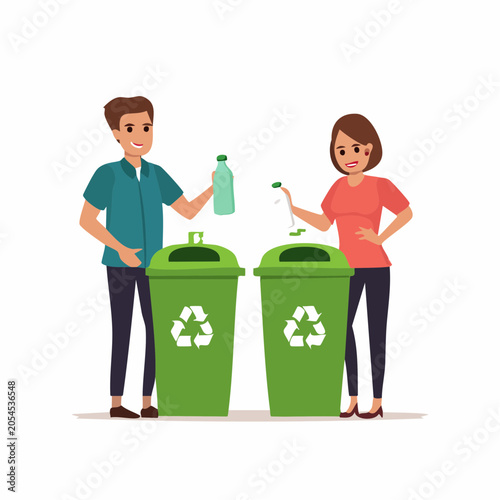 People Recycling Bottles into Green Bins