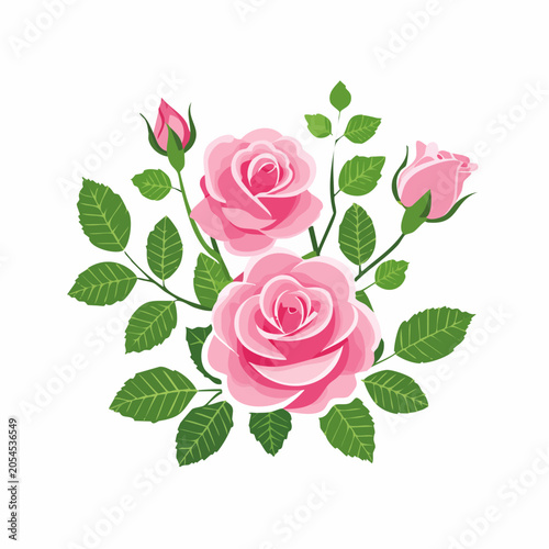 Pink Roses and Buds with Green Leaves