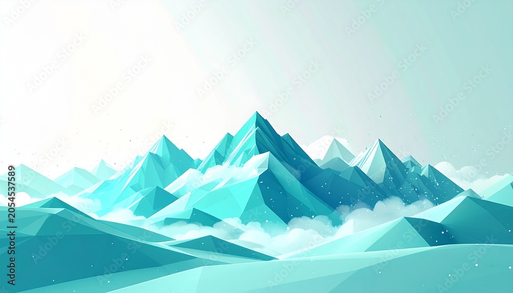 Fototapeta premium Geometric Minimalist Low Poly Mountain Landscape in Cyan and White.