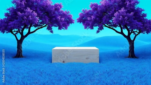 Empty rectangular podium stage between two purple trees with bright blue sky background
