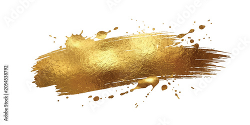 Shiny gold paint brush stroke with artistic ink splatters and texture