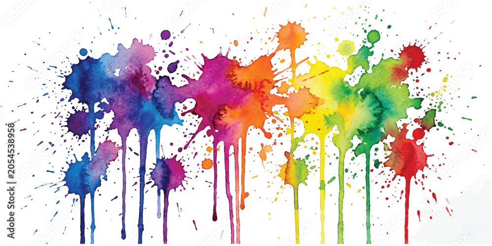 Fototapeta premium Bright rainbow color paint splashes and drips on a horizontal design