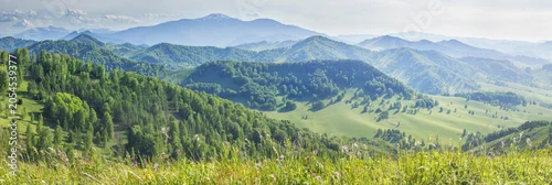 Panel kuchenny z motywem View of the mountain valley, summer greenery, sunny day, panoramic view