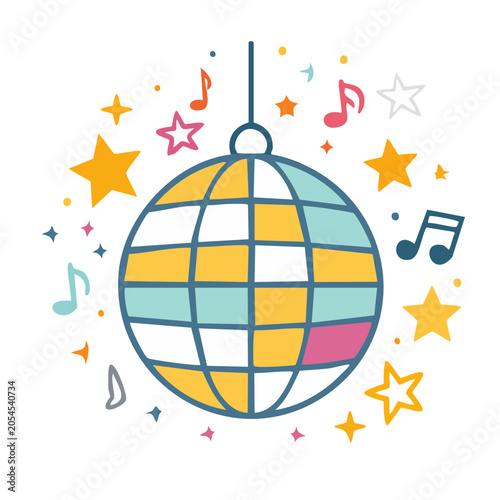 Flat design world map with music notes and stars