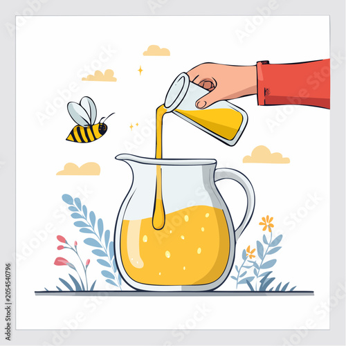 Hand pouring honey into a pitcher with a bee flying nearby