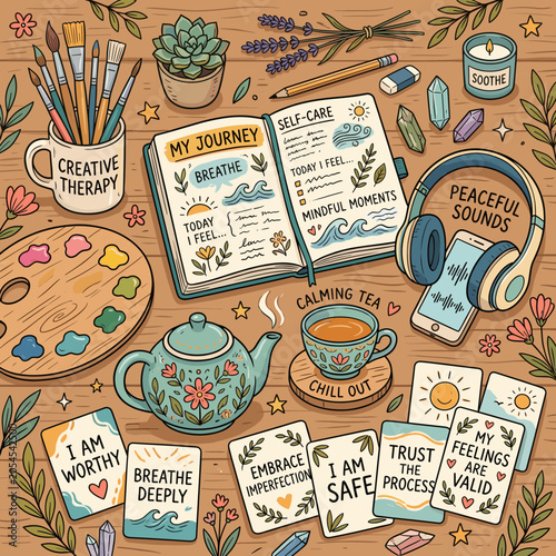 Photos A soothing collection of self care elements showing mindful moments like journal