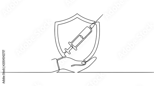 Canvastavla Hand holding shield with syringe, concept of vaccination and health protection,