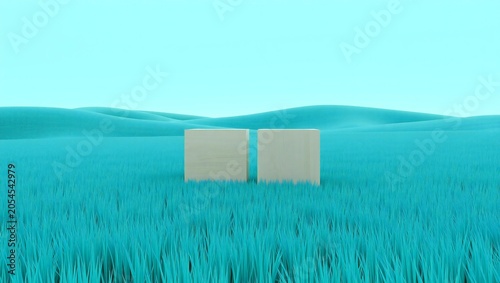 Two blank square podiums standing in a blue grassy field with rolling hills