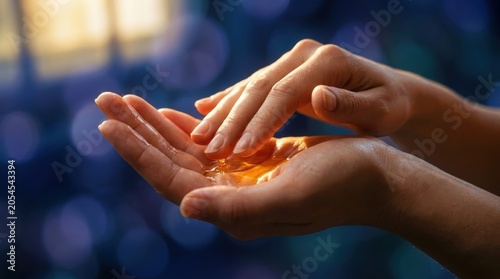 Close up of a woman applying golden nourishing face oil onto her hands for skincare routine and hydration