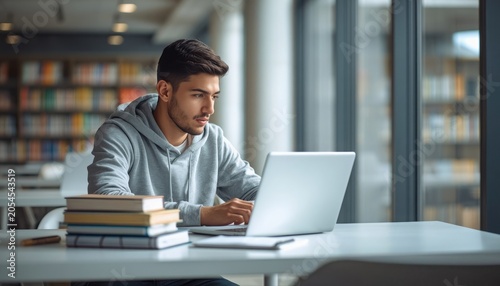 Young student man using laptop for study in university library near window with university studying education learning technology research computer academic knowledge internet daylight