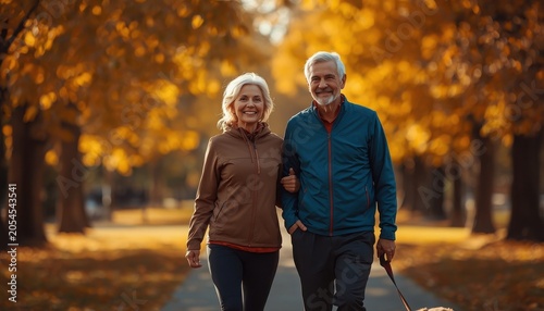 Happy senior couple walking together in autumn park with yellow trees together lifestyle outdoors relationship companion wellness retirement happiness affection partners recreation