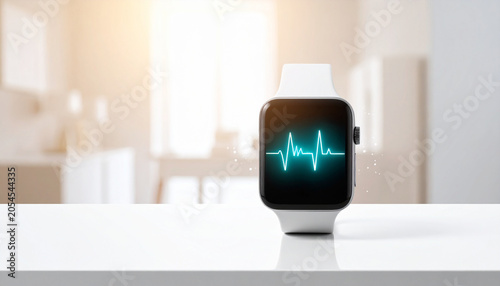 Minimalist Smartwatch with Glowing Cyan Health Data Visualization on White Desk