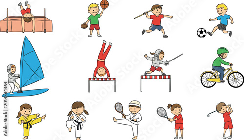 Schilderij op canvas Cartoon Kids Sports Activity Set with Basketball, Football, Tennis, Karate, Cycl