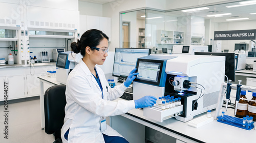 A female chemist analyzing rare earth purity samples using an ICP-MS spectrometer machine in a state-of-the-art laboratory