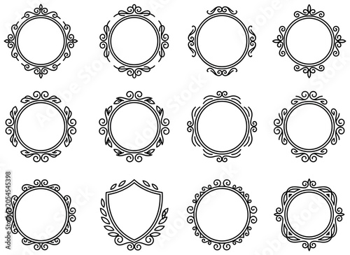 Collection of ornamental round frames and one shield border with floral elements line art.