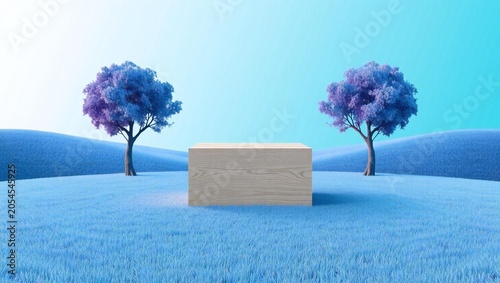 Empty rectangular podium with two trees in a blue landscape