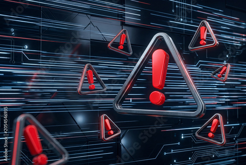Red warning exclamation marks inside triangles floating against a dark technological backdrop