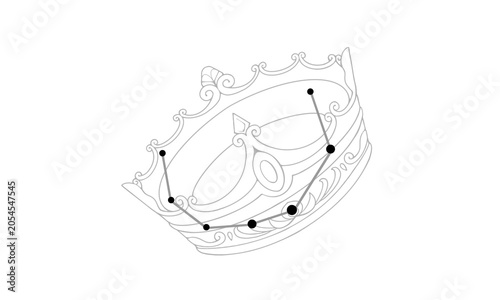かんむり座のモノクローム線画イラスト（王冠の絵と星座線）