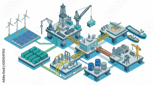 Billede på lærred Offshore energy production and distribution network illustration.