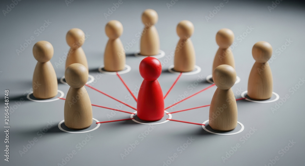 Obraz premium Leadership Connection Networking Organization: Red Connector Among Wooden People Team Relation Communication Interaction Connecting Leadership Collaboration