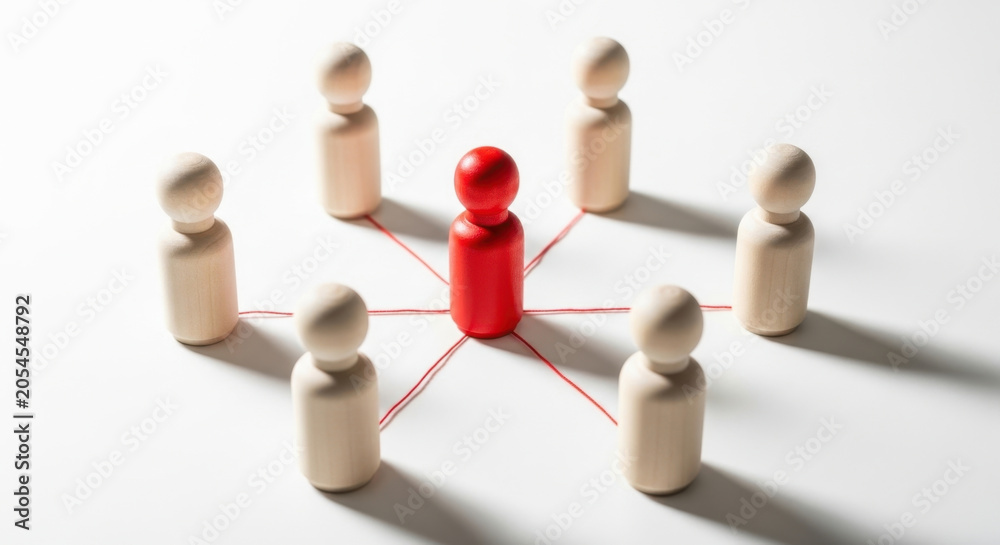 Obraz premium Leadership Teamwork Connection Wooden Peg Dolls Representing Hierarchy And Strategy Top View Group Circle Success Leadership Partnership
