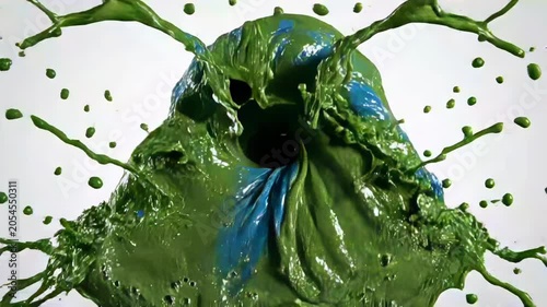 Abstract Splash Art Featuring Dynamic Green and Blue Liquid Paint Collision Against a Clean Neutral White Background