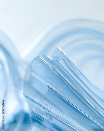 Close-up of a translucent, crumpled plastic material with soft blue hues and light reflections creating an abstract, delicate texture.