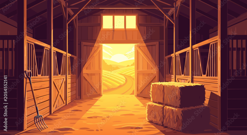 Fototapeta premium Countryside Farm Stable Interior Morning View Vector Illustration Featuring Golden Sunlight Streaming Through Open Barn Doors Over Rolling Agricultural Fields