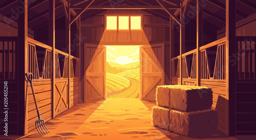 Foto Countryside Farm Stable Interior Morning View Vector Illustration Featuring Gold