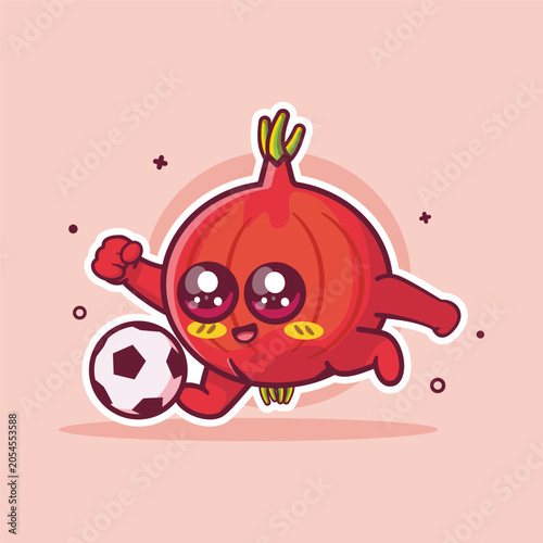 cheerful red onion vegetable character mascot playing football isolated cartoon