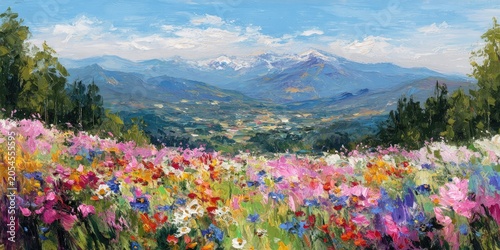 Vibrant meadow bursts with colorful blossoms, overlooking a verdant valley and distant mountains