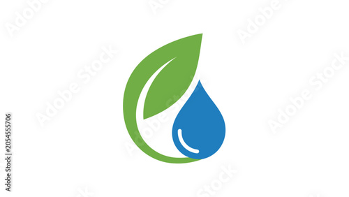 Green leaf embraces a blue water drop, symbolizing growth, nature, and purity
