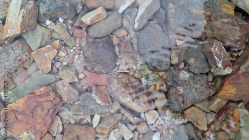 A top-down close-up shot of vibrant, multi-colored stones and river rocks visible through crystal clear ripple water.