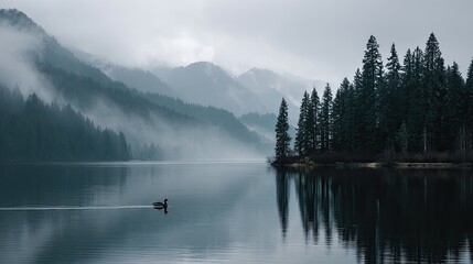 Misty lake reflecting serene mountains and a lone bird swimming