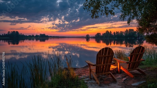 Serene lakeside sunset with chairs by a warm campfire
