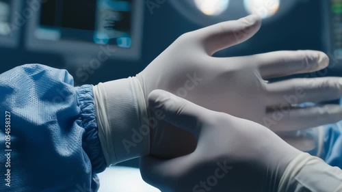 Surgeon Preparing Sterile Glove For Surgery In Modern Hospital Room