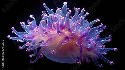 Ethereal deep-sea creature with translucent, glowing tentacles radiating outwards