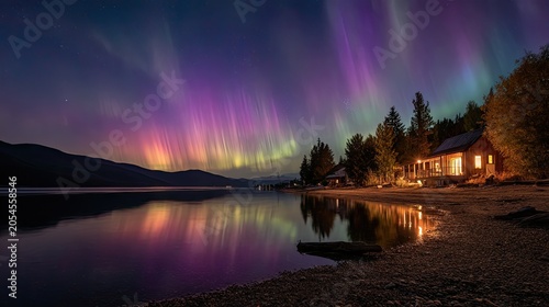 Illuminated cabin by serene lake under vibrant, dancing aurora borealis