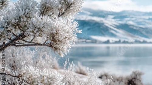 Frost-covered pine needles foreground lake and snow-capped hills background