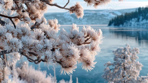Frost-covered pine branches frame a tranquil winter lake and snow-dusted trees