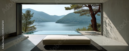 Modern minimalist interior with infinity pool overlooking serene lake and mountains