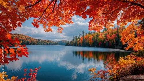 Serene lake reflects vibrant autumn foliage under a cloudy sky