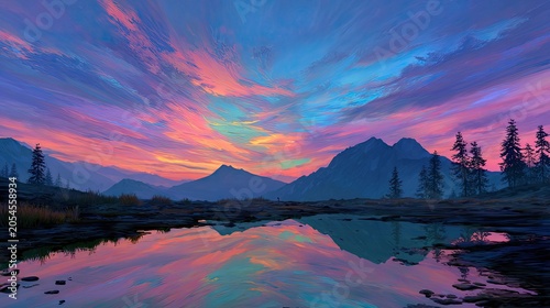 Vivid mountain range and sky reflected in calm water at dawn