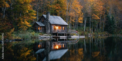Cozy cabin by a tranquil lake surrounded by vibrant autumn foliage