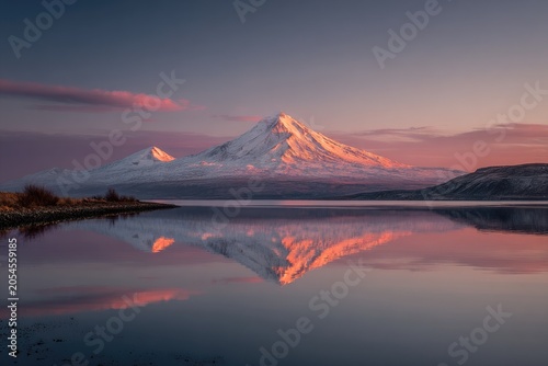 Majestic snow-capped mountain reflected in calm water at sunrise