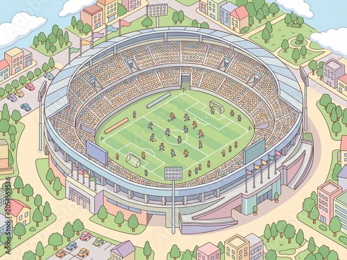 Aerial view of a large soccer stadium with a green field and many spectators in the stands surrounded by trees and buildings in a suburban area