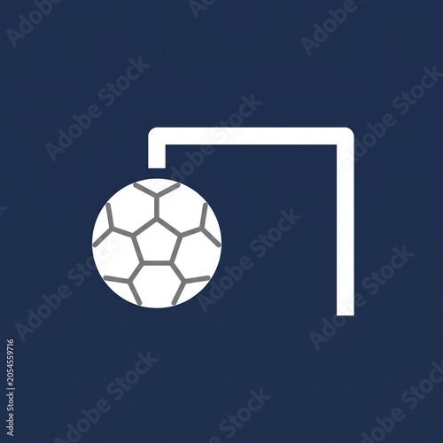 A soccer ball flying into a goal on a dark blue background with white lines