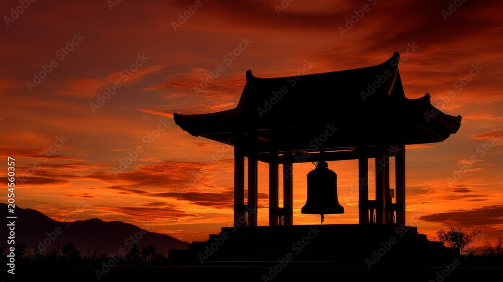 Naklejka premium Serene Pagoda Silhouette Against Vibrant Sunset Sky with Bell, Peaceful Landscape, Tranquil Atmosphere Enhancing Natural Beauty